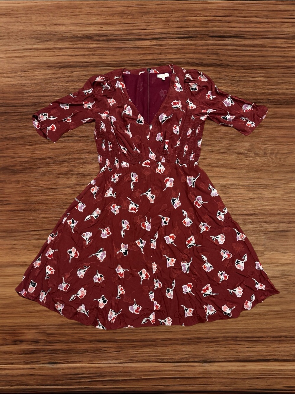Rebecca Taylor Paintbrush Floral Silk Blend Midi Dress in Cabernet Size 8